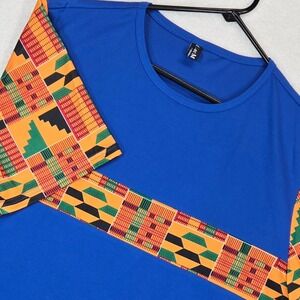 Luc Matton Mens T-Shirt XL Kente Print Blue Short Sleeve Afrocentric Utility